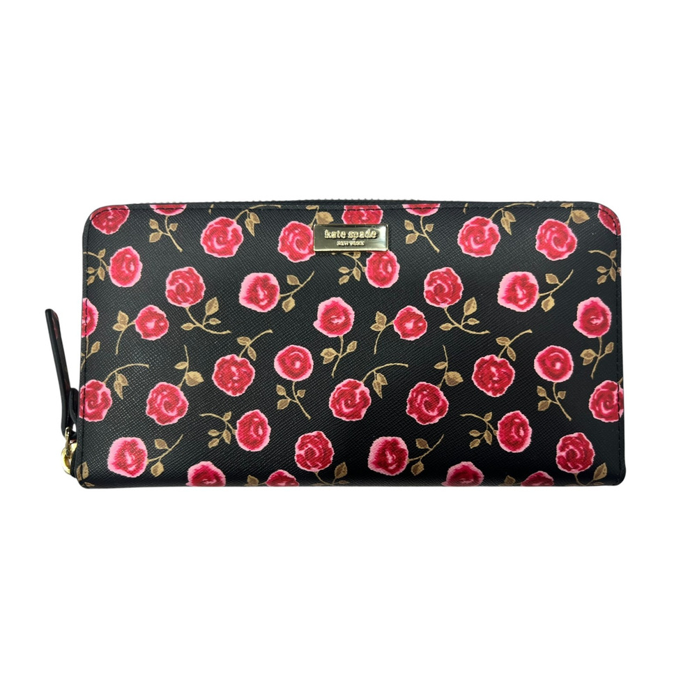 KATE SPADE New York Hazy Roses Black Leather Laurel Way Neda Zip Wallet Clutch